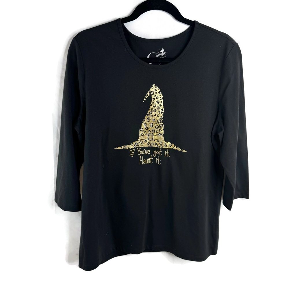 Coral Bay Black Top with Gold Witch Hat Design Halloween